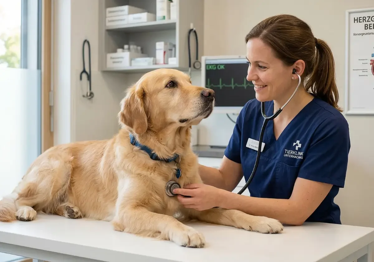 Tierärztin hört einen Golden Retriever mit dem Stethoskop ab, während im Hintergrund ein EKG-Monitor zu sehen ist