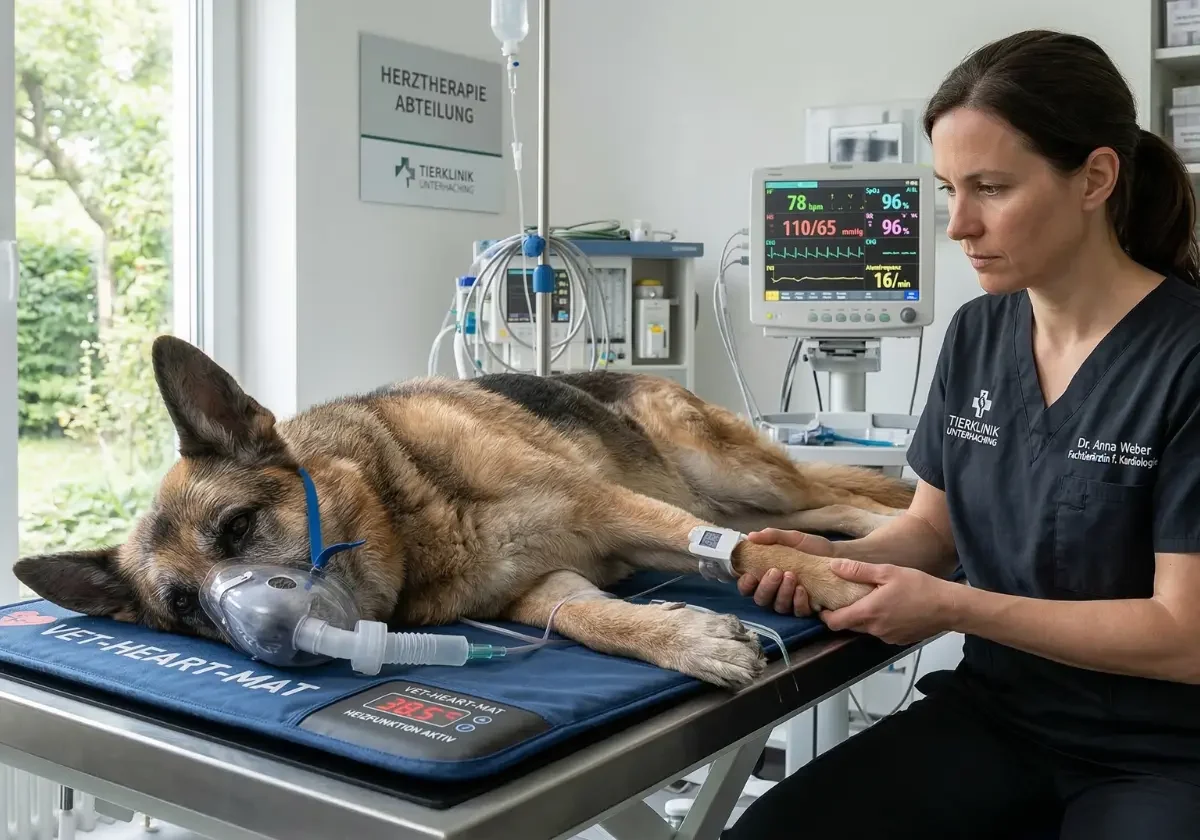 Deutscher Schäferhund liegt mit Sauerstoffmaske und Überwachung auf dem Behandlungstisch, während die Tierärztin ihn betreut