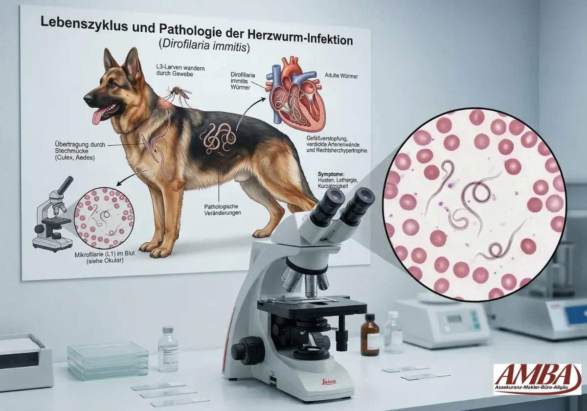Mikroskop im Labor vor einem Schaubild zur Herzwurm-Infektion beim Hund, daneben vergrößerte Mikrofilarien im Blut