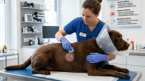 Tierärztin behandelt Hund mit entzündetem Hot Spot und Halskragen in der Tierarztpraxis