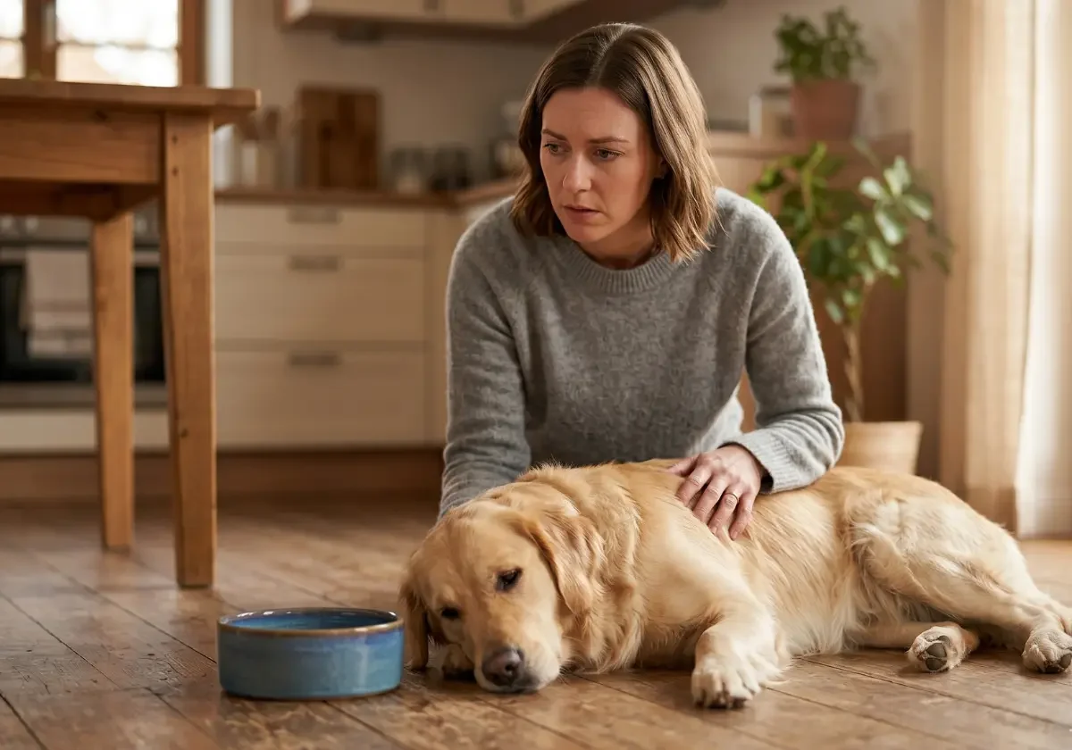 Besorgte Halterin sitzt neben einem erschöpften Golden Retriever, der apathisch vor seinem Wassernapf auf dem Boden liegt