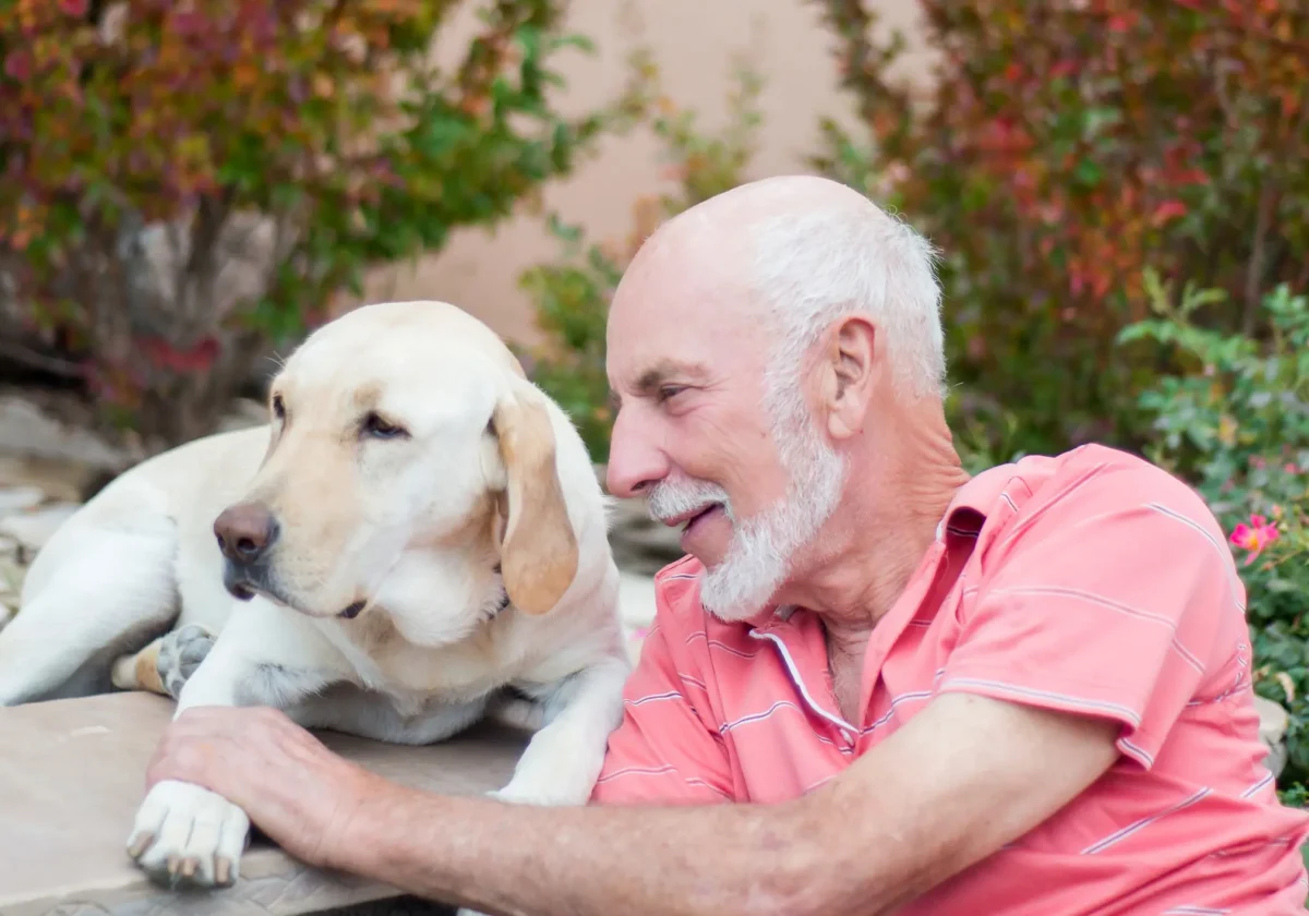 Älterer Mann mit Seniorhund im Garten – Symbolbild für die Bedeutung einer Hundekrankenversicherung bei älteren Hunden.