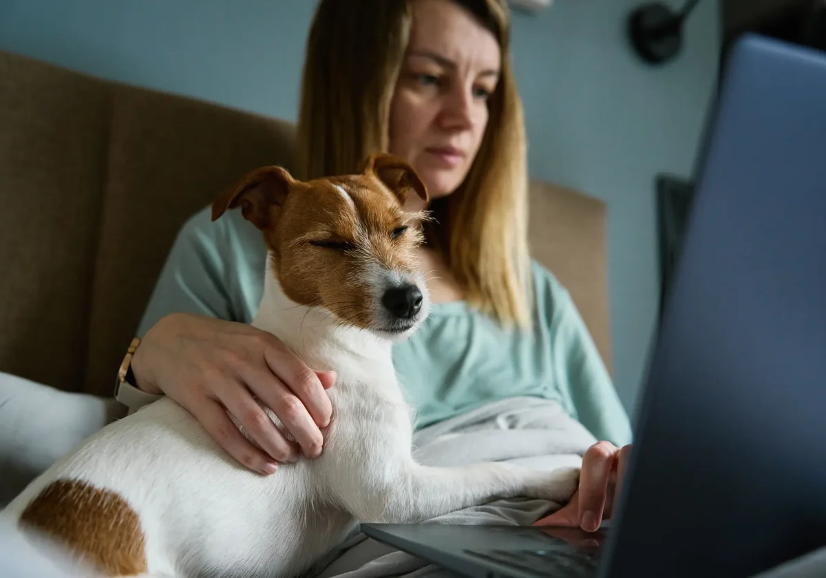 Frau sitzt mit ihrem Hund auf dem Schoß vor dem Laptop und wirkt nachdenklich – Recherche zu Hundekrankenversicherungen.