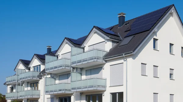 Moderne Mehrfamilienhäuser mit Balkonen und Solaranlagen auf dem Dach – Symbolbild für Immobilien und nachhaltige Wohngebäude.