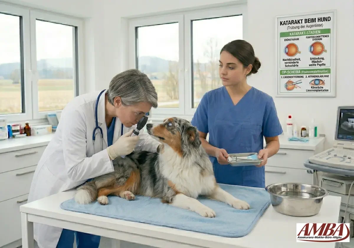 Tierarzt untersucht das Auge eines Australian Shepherds mit dem Ophthalmoskop, während eine Helferin Instrumente bereithält