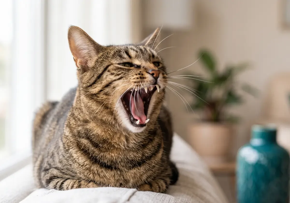 Gähnende Katze zeigt Zähne als Motiv für Katzen Zahnversicherung, FORL, Zahnbehandlung und Zahnschutz bei Katzen