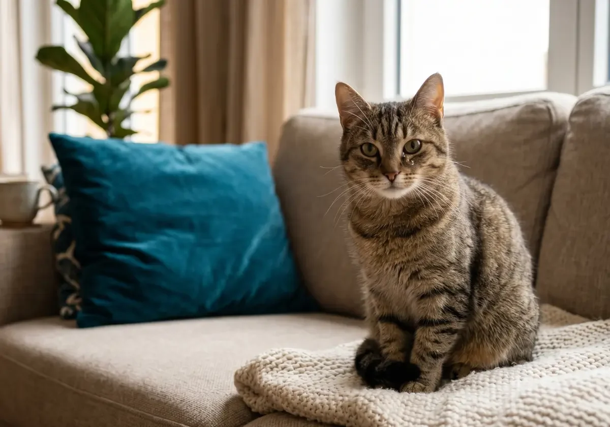 Katze mit tränenden Augen und müdem Blick bei Verdacht auf Katzenschnupfen