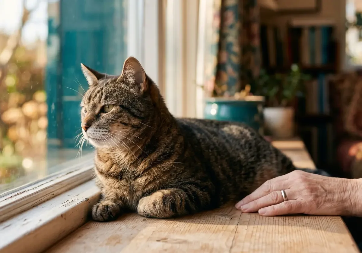 Ältere Katze sitzt am Fenster, während eine Hand beruhigend neben ihr liegt, als Motiv für Katzenversicherung im Alter