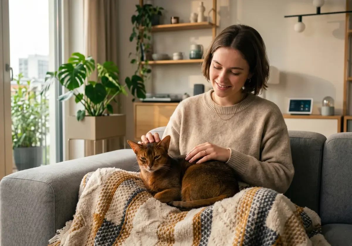 Frau sitzt mit ihrer Katze auf dem Sofa und streichelt sie ruhig als Motiv für Katzenversicherung trotz Vorerkrankung