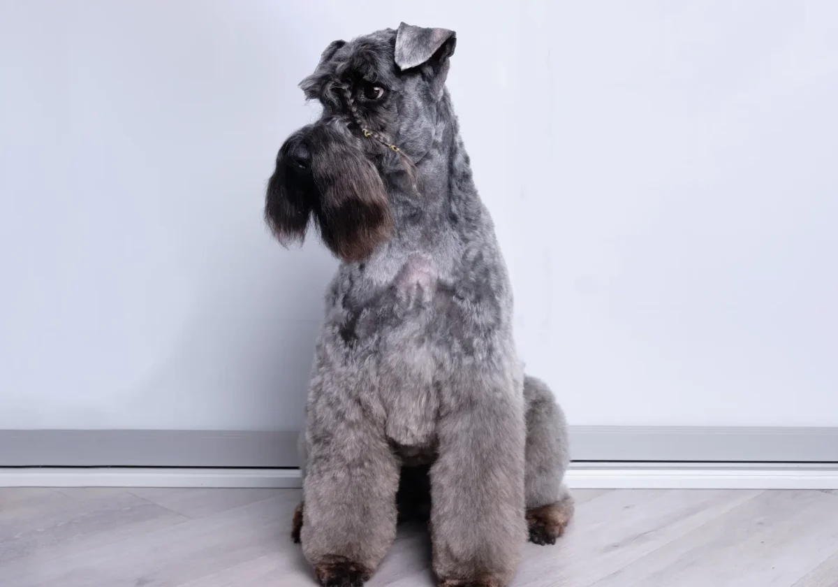 Kerry Blue Terrier Hund mit typischer blaugrauer Fellfarbe im Sitzen