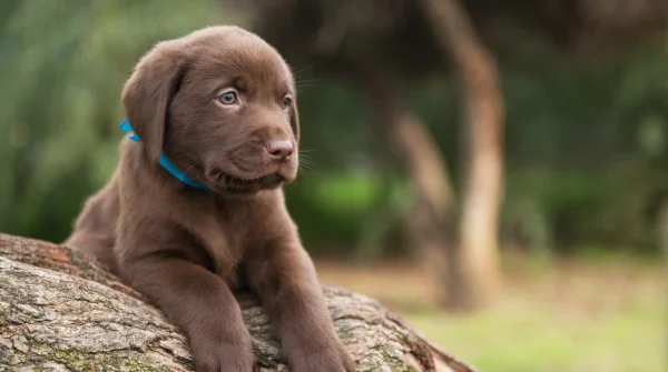 Brauner Labrador Retriever Welpe liegt auf einem Baumstamm im Grünen