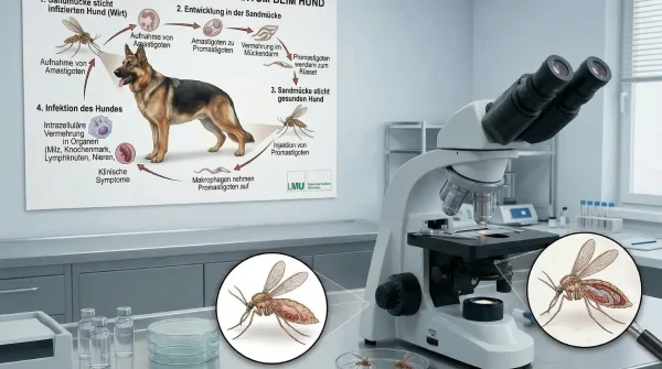 Laborbild mit Mikroskop, Sandmücken und Schaubild zum Lebenszyklus von Leishmaniose beim Hund in einer Tierarztpraxis