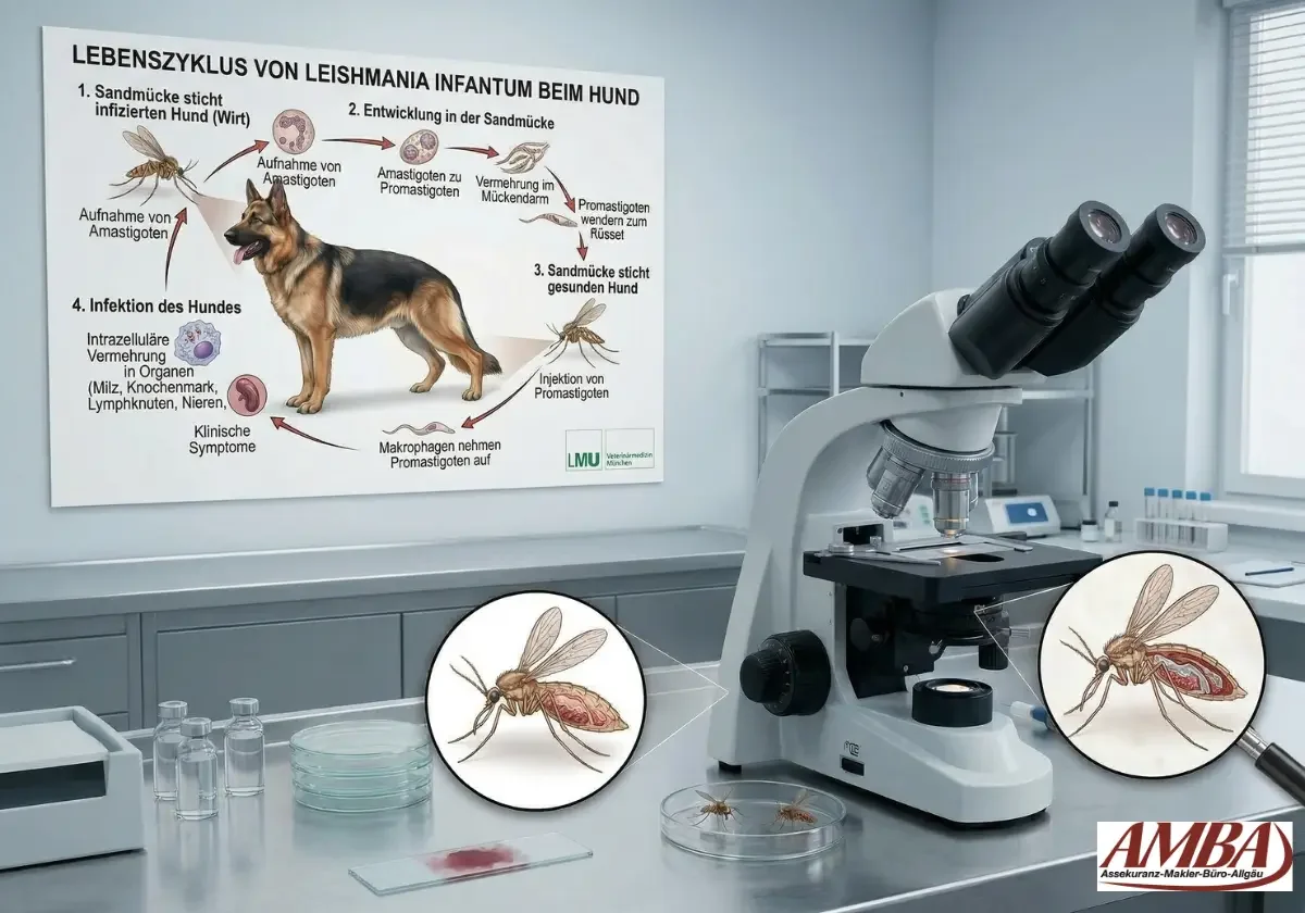 Laborbild mit Mikroskop, Sandmücken und Schaubild zum Lebenszyklus von Leishmaniose beim Hund in einer Tierarztpraxis