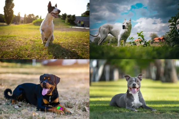 Vier verschiedene Listenhunde-Rassen im Porträt: Bullterrier, Dogo Argentino, Rottweiler und American Staffordshire Terrier auf Wiesen.