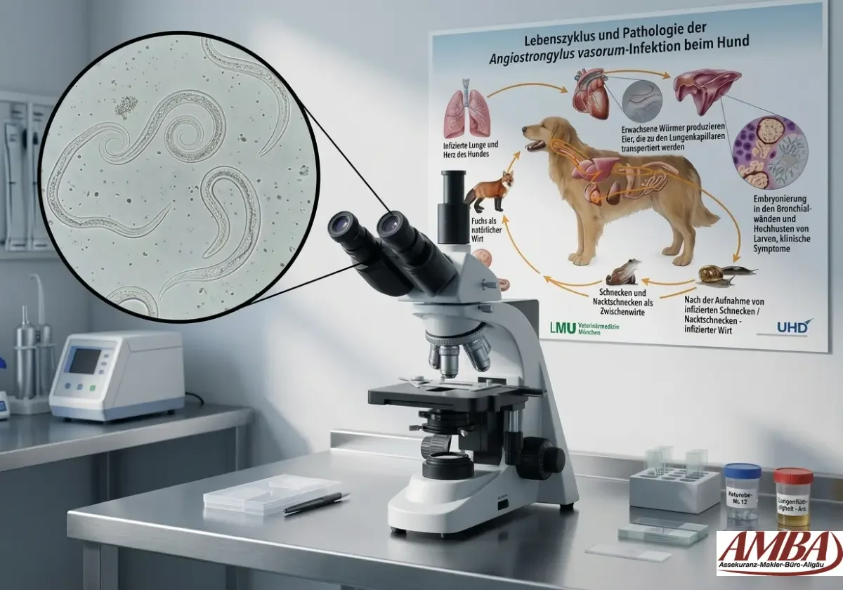 Mikroskop in einem Labor vor einem Poster zum Lebenszyklus des Lungenwurms beim Hund, mit vergrößerter Wurmdarstellung im Bild