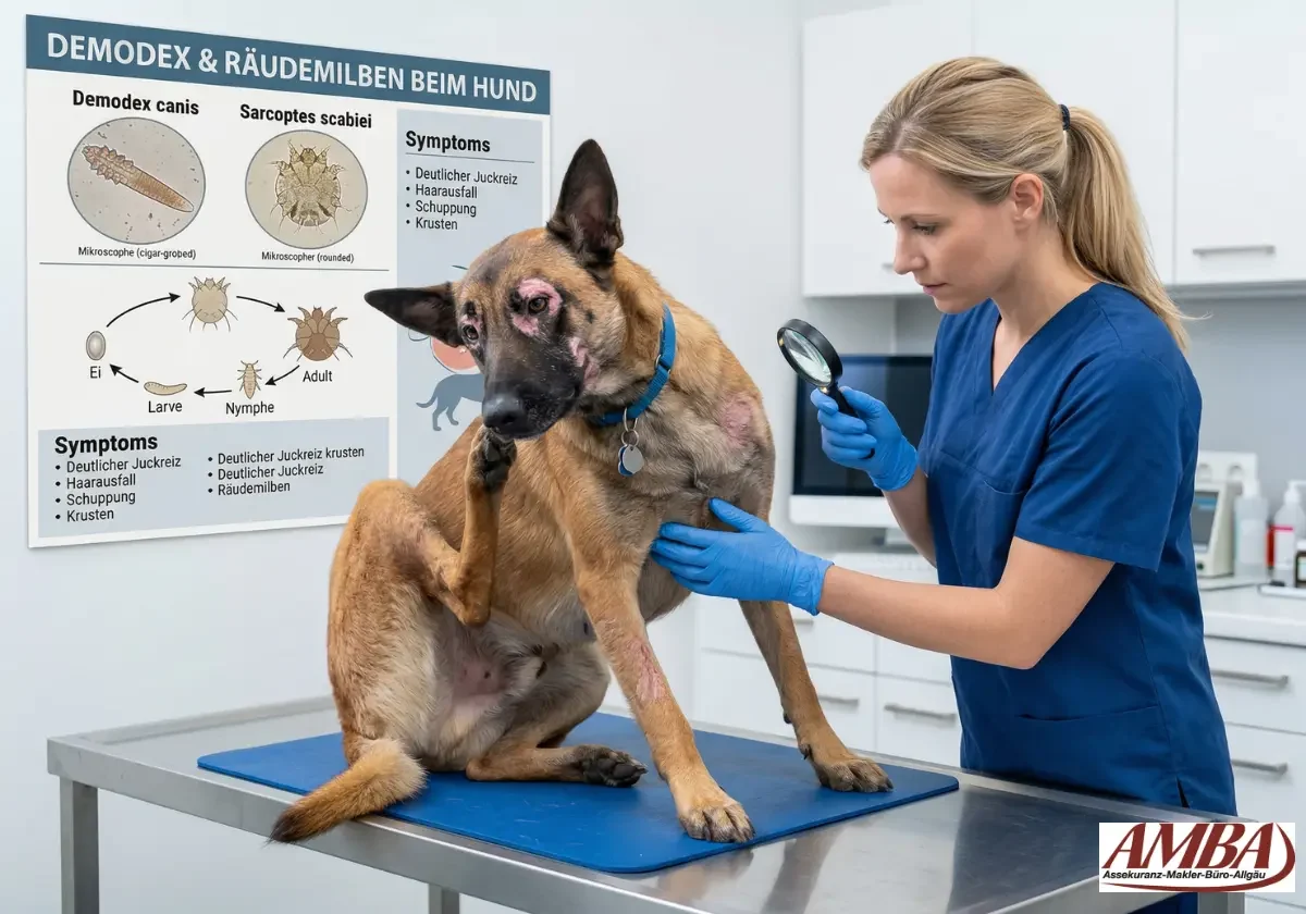 Tierärztin untersucht Hund mit Hautveränderungen und Milbenbefall, während das Tier sich kratzt