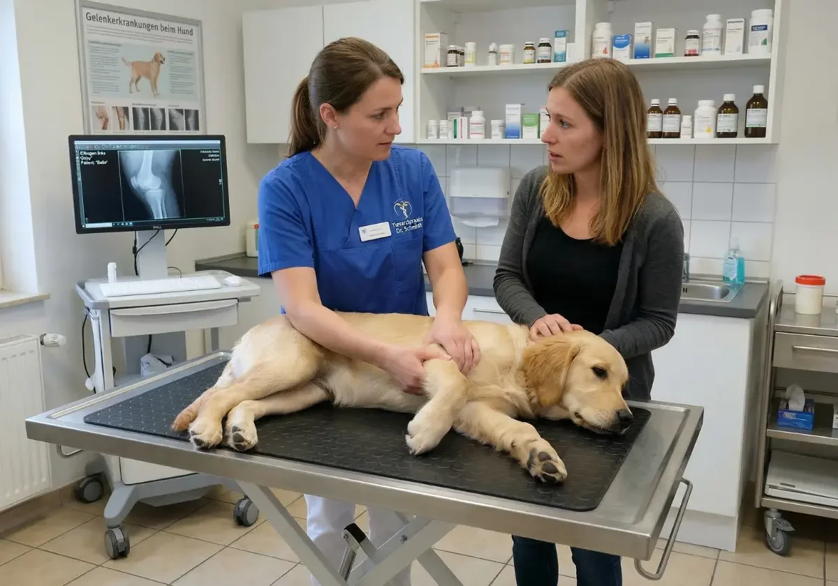 Tierärztin tastet das Vorderbein eines jungen Golden Retrievers auf dem Behandlungstisch ab, während die Halterin aufmerksam zuhört