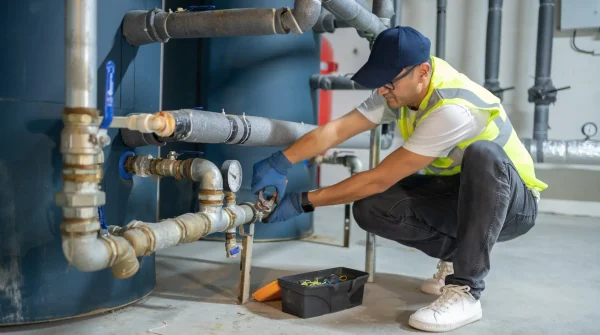 Techniker prüft Leitungen und Ventile an einem Öltank in einem Heizungsraum