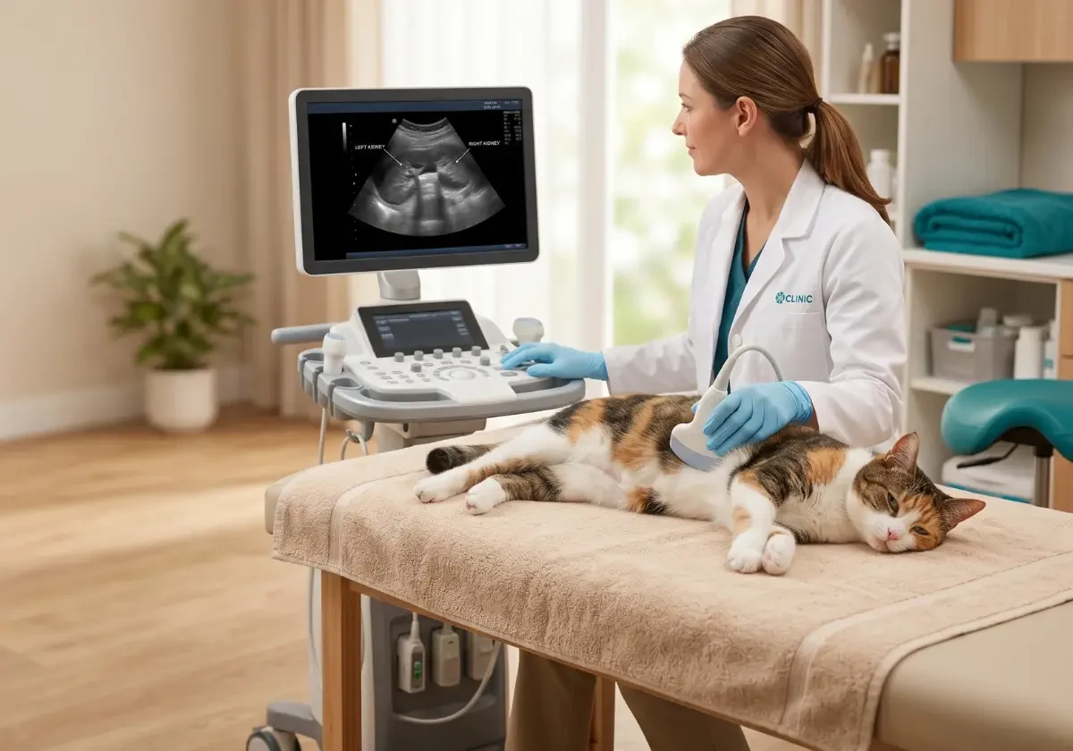 Tierärztin untersucht Katze per Ultraschall auf Nierenzysten bei PKD