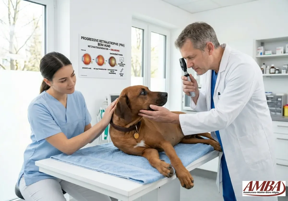 Tierarzt untersucht die Augen eines Hundes mit dem Ophthalmoskop, während eine Helferin ihn auf dem Behandlungstisch beruhigt