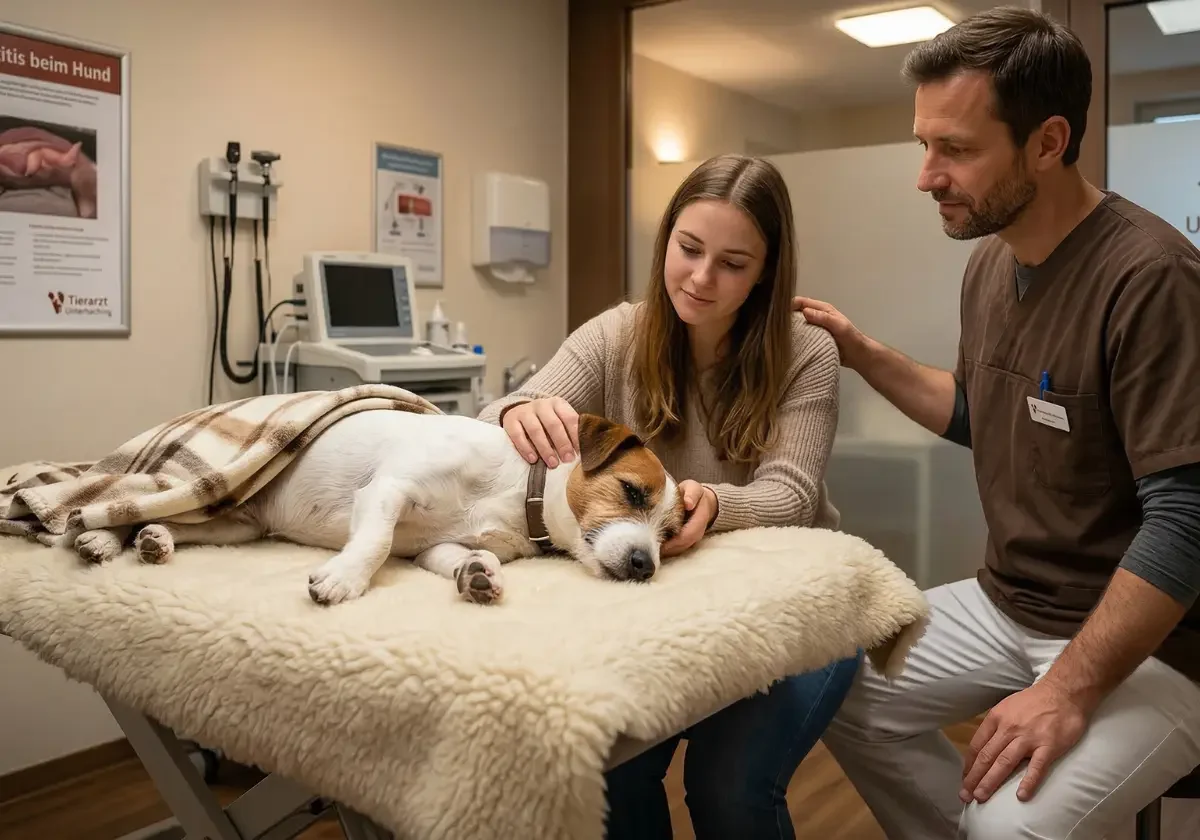 Erschöpfter kleiner Hund liegt auf dem Behandlungstisch, während Halterin und Tierarzt ihn in der Praxis behutsam begleiten
