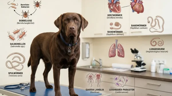 Brauner Labrador steht in der Tierarztpraxis auf dem Untersuchungstisch, umgeben von Illustrationen zu inneren und äußeren Parasiten