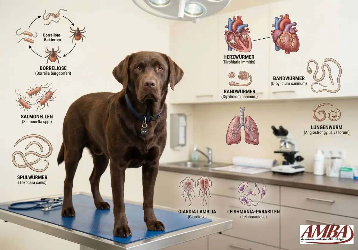 Brauner Labrador steht in der Tierarztpraxis auf dem Untersuchungstisch, umgeben von Illustrationen zu inneren und äußeren Parasiten