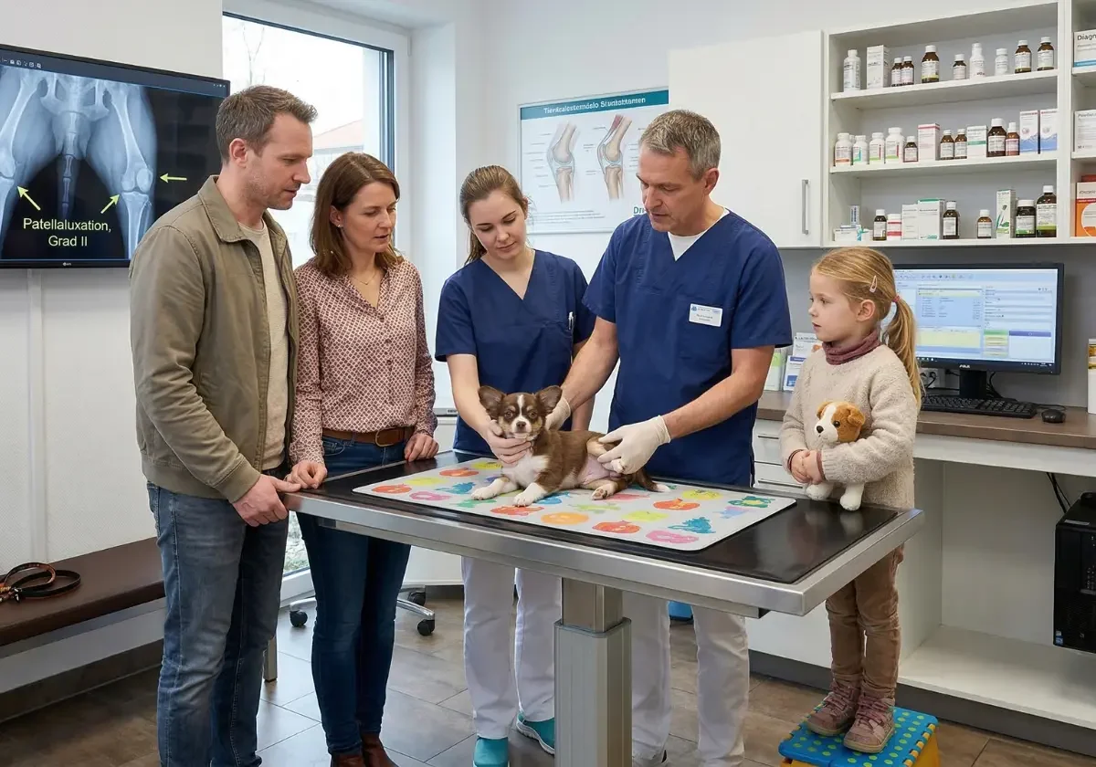 Tierarzt untersucht das Hinterbein eines kleinen Hundes auf dem Behandlungstisch, während Familie und Kind in der Praxis zusehen