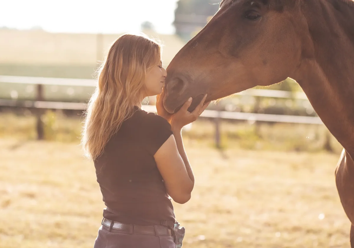Junge Frau berührt liebevoll die Nüstern eines braunen Pferdes auf der Weide – Symbolbild für Vertrauen, Fürsorge und Tiergesundheit.
