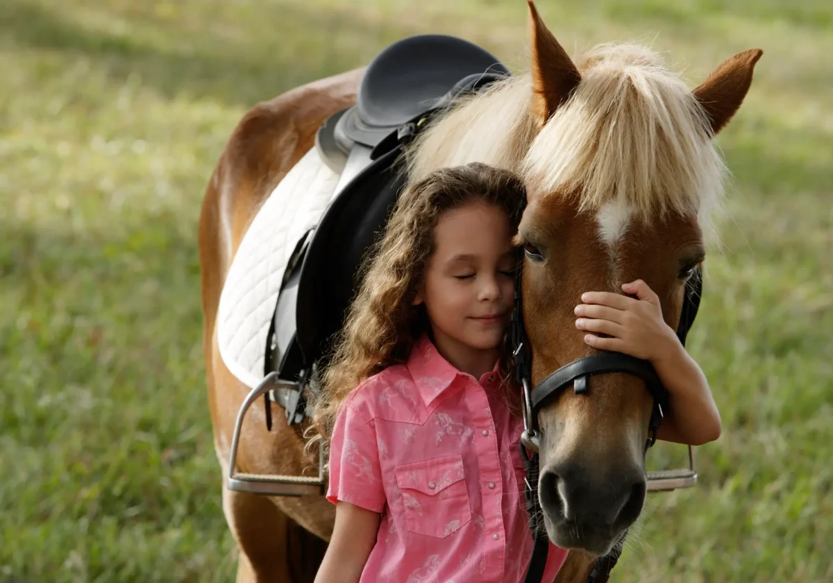 Pferdeversicherung Mädchen mit rosa Hemd umarmt liebevoll ein Pony auf der Weide – Symbolbild für den Schutz durch eine Pferdeversicherung.
