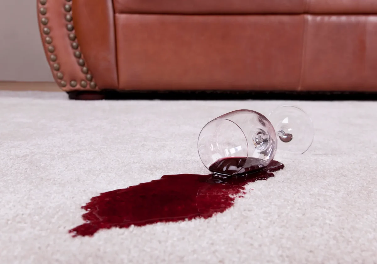 Umgekippte Weinglas mit Rotweinfleck auf hellem Teppich – typischer Schadenfall für die Privathaftpflichtversicherung.