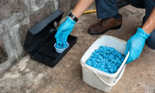 Rattengift Rattengift wird mit Handschuhen in eine Köderbox gefüllt – potenzielle Gefahr durch Giftköder für Hunde im Außenbereich.