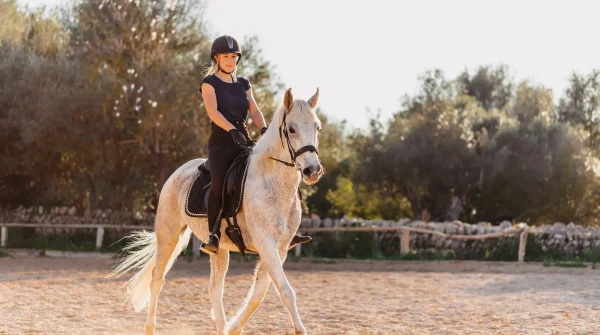 Junge Reiterin mit Helm sitzt sicher auf einem weißen Pferd auf einem Reitplatz – Symbolbild für Unfallrisiken beim Reitsport.