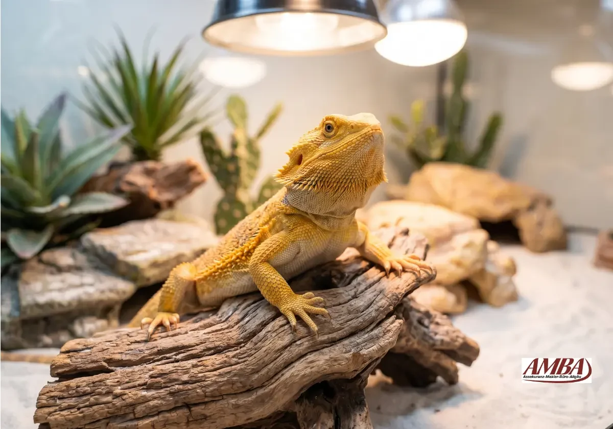 Bartagame sitzt auf einem Ast unter Wärmelampen in einem hellen Terrarium mit Sand, Holz und Pflanzen
