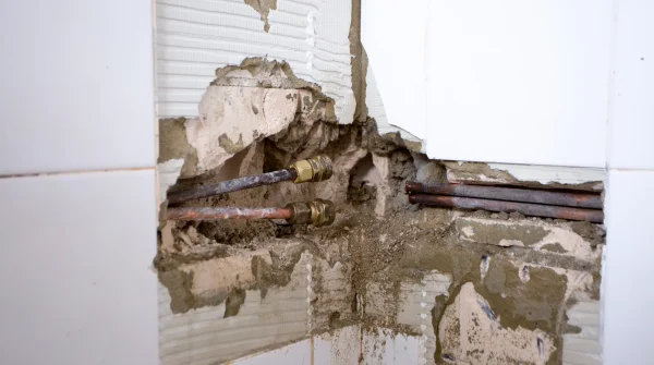 Freigelegte Wand mit beschädigten Wasserrohren nach einem Rohrbruch in einem Badezimmer