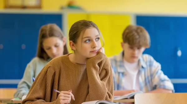 Schülerin denkt verträumt im Klassenzimmer nach, im Hintergrund lernen Mitschüler – Symbol für Zukunft und Absicherung