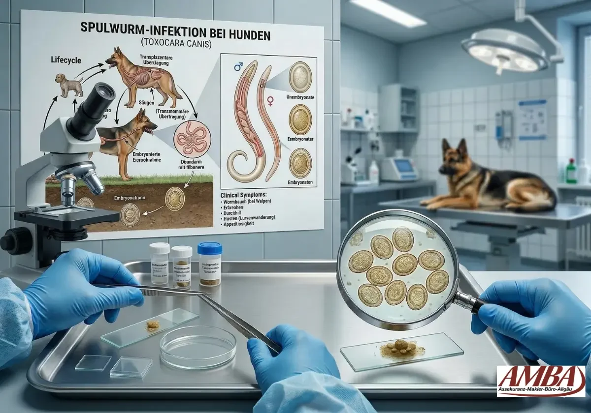 Laborszene mit Mikroskop, Kotprobe und Schaubild zum Lebenszyklus von Spulwürmern beim Hund in einer Tierarztpraxis