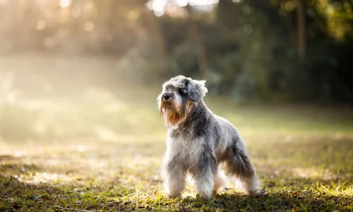 Steckbrief Zwergschnauzer Zwergschnauzer mit grauem Fell und typischem Bart steht aufmerksam auf einer Wiese im Sonnenlicht