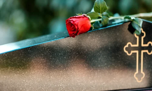 Rote Rose liegt auf einem dunklen Sarg mit goldener Kreuzverzierung, unscharfer Hintergrund, Symbol für Abschied und Erinnerung