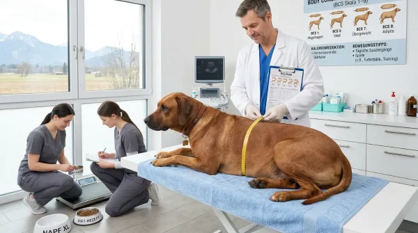 Tierarzt misst den Bauchumfang eines übergewichtigen Hundes, während Helferinnen Gewicht und Futterplan dokumentieren