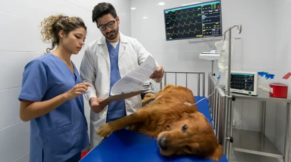 Uelzener-Hunde-OP-Versicherung Tierärzte analysieren Unterlagen, während ein Golden Retriever mit Infusion auf einem OP-Tisch in der Klinik liegt