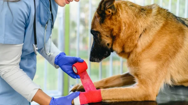 Uelzener-Hundekrankenversicherung Tierärztin legt einem Schäferhund in der Praxis einen roten Verband um das verletzte Vorderbein