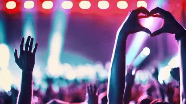 Hände im Publikum auf einem Konzert, eine Hand formt ein Herz vor buntem Bühnenlicht – Symbol für Emotion und große Events