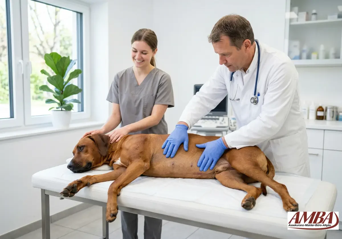 Tierarzt tastet den Bauch eines Hundes wegen Verdauungsproblemen in der Tierarztpraxis ab