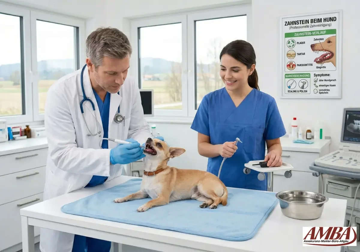 Tierarzt untersucht die Zähne eines kleinen Hundes, während eine Helferin Instrumente für die Zahnreinigung bereithält