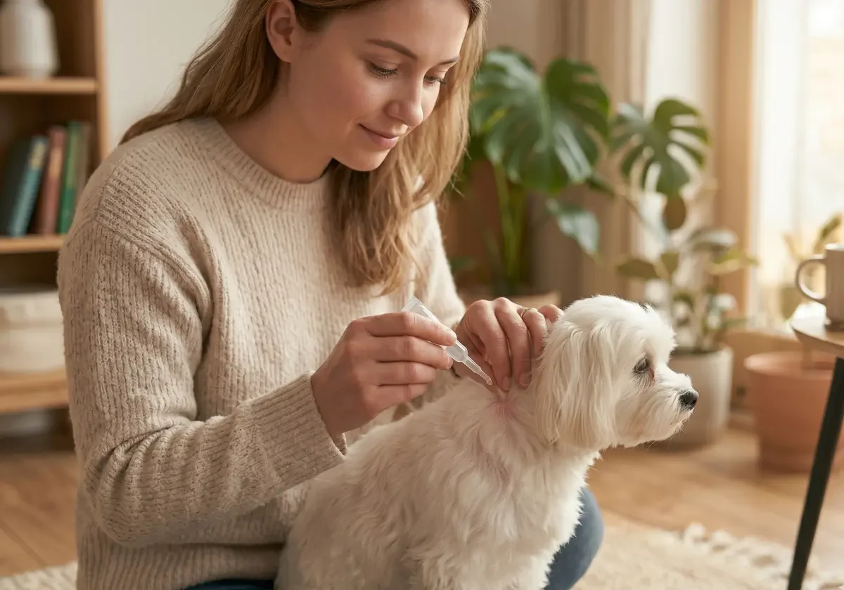 Frau trägt einem kleinen weißen Hund Zeckenschutz im Nacken auf