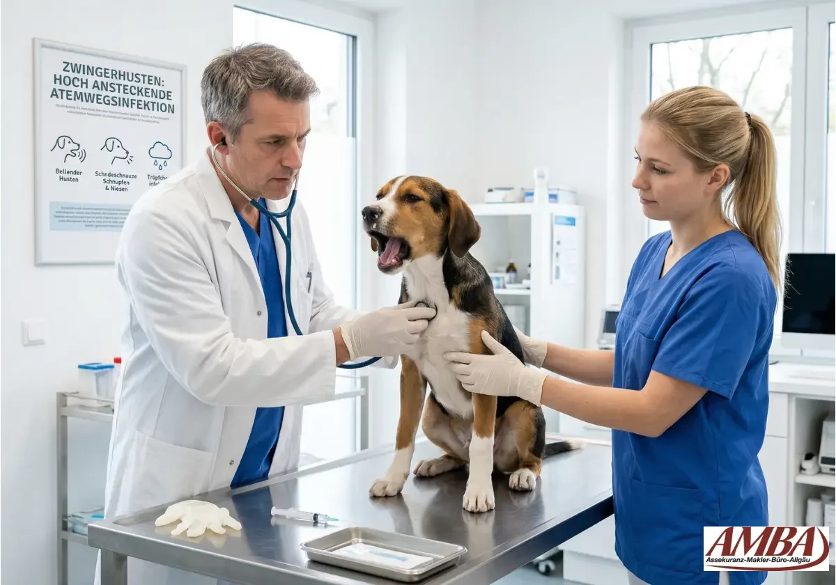 Tierarzt hört einen hustenden Beagle auf dem Behandlungstisch ab, während eine Helferin den Hund in der Praxis stabil hält