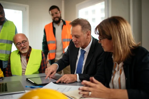 Führungskräfte und Bauleiter besprechen am Tablet die Umsetzung betrieblicher Vorsorgelösungen auf der Baustelle