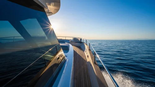 Blick entlang einer fahrenden Motoryacht bei Sonnenuntergang auf offener See – Symbolbild für umfassende Bootsversicherung
