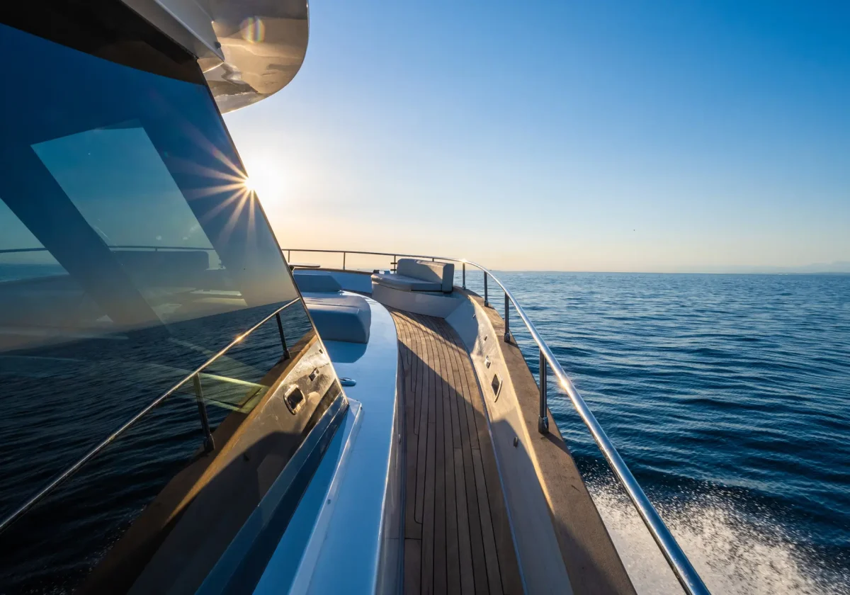 Blick entlang einer fahrenden Motoryacht bei Sonnenuntergang auf offener See – Symbolbild für umfassende Bootsversicherung